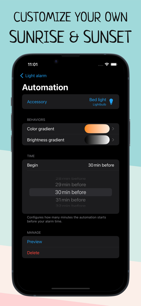 Wake Up Light – Sunrise Alarm - Paramètres d'automatisation de l'alarme de lever de soleil dans l'application Réveil Lumineux