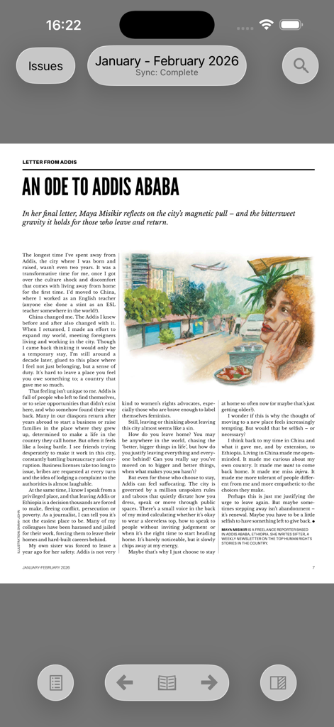 New Internationalist & Archive - Ein Artikel mit dem Titel An Ode to Addis Ababa, angezeigt in der Benutzeroberfläche der mobilen App New Internationalist.