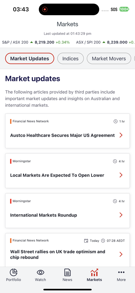 Market updates and financial news screen in the Westpac Share Trading app