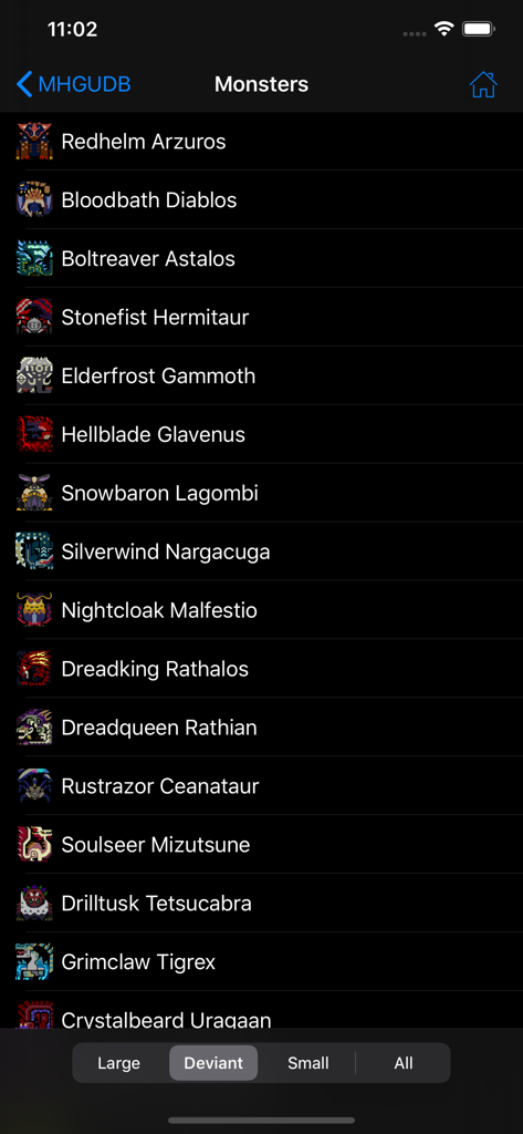 MHGU Database - List of Deviant monsters in the MHGU Database app showing names and icons