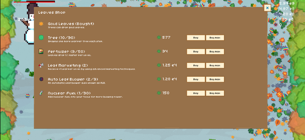 Leaf Blower Revolution - Menú de la Tienda de Hojas en Leaf Blower Revolution mostrando varias mejoras del juego