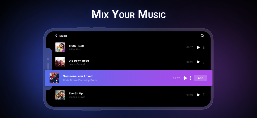 DJ Music Mixer - Dj Remix Pro - Una interfaz de aplicación móvil que muestra una pantalla de biblioteca de música donde los usuarios pueden seleccionar y agregar pistas a su mezcla de DJ.