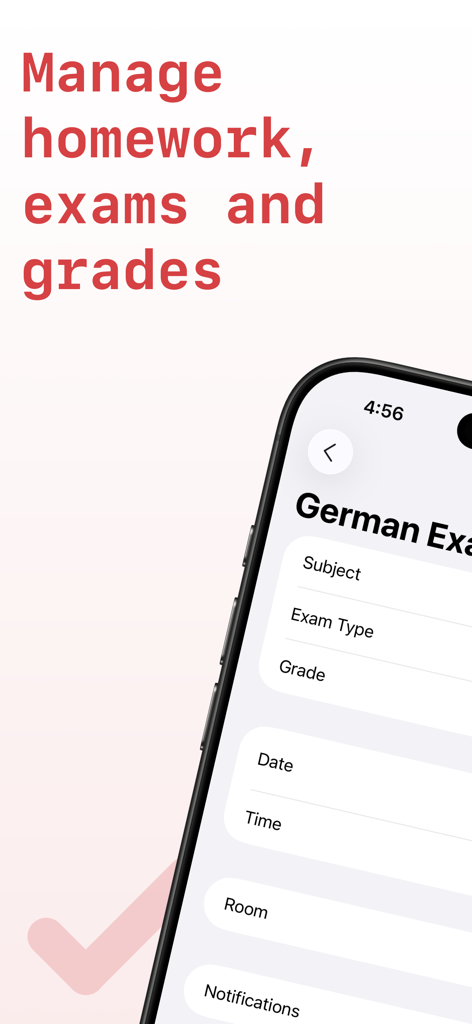 Screenshot of SchoolOrganizer app showing the interface to manage homework exams and grades on an iPhone