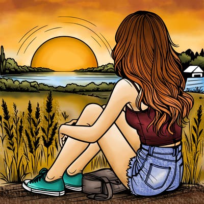 realistic girl sitting and watching the sunset