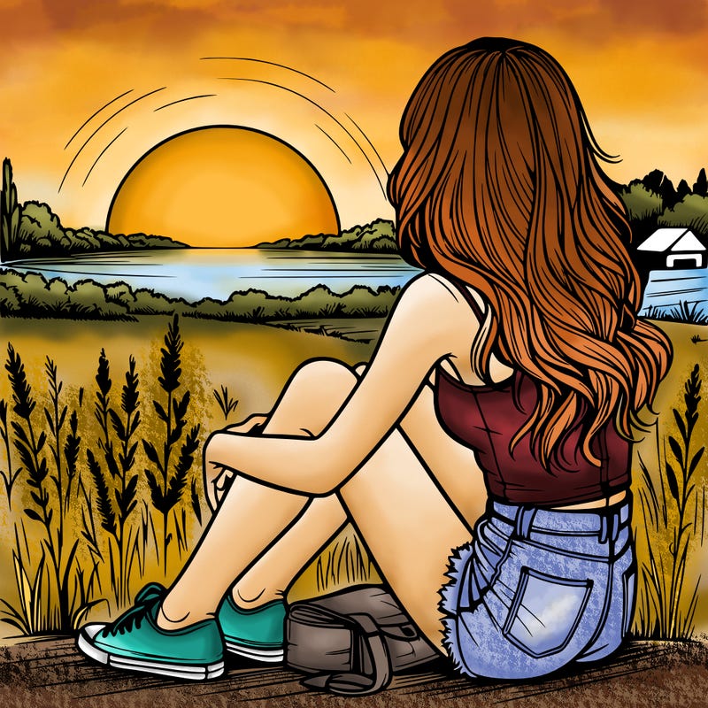 realistic girl sitting and watching the sunset