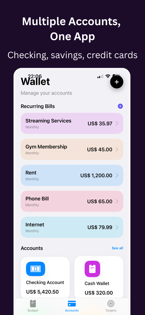 Pocket - Budget Tracker - Interface of Pocket budget tracker app showing monthly recurring bills and account balances.