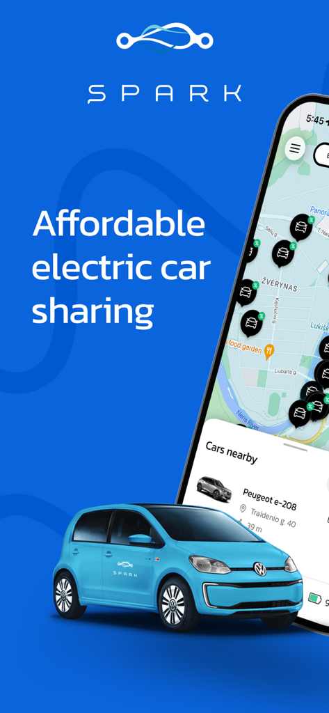 SPARK car sharing app interface showing available electric vehicles on a map
