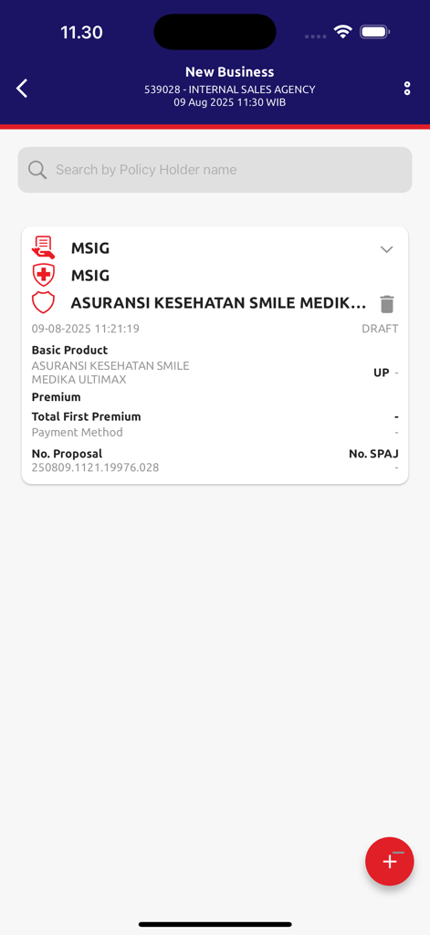 ORION by MSIG Life - Dashboard of ORION by MSIG Life app showing a draft insurance proposal under the New Business section for agents.