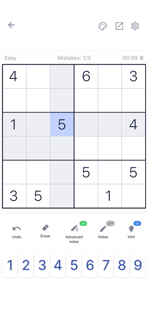 Sudoku Puzzle - Brain Games - Una pantalla móvil mostrando una rejilla activa de puzzle de Sudoku de nivel fácil con controles numerados y estadísticas del juego