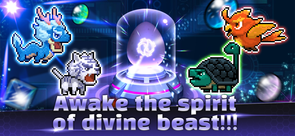 Hunter Raid: Idle RPG Games - Four pixel art divine beasts surrounding a glowing egg with text Awake the spirit of divine beast