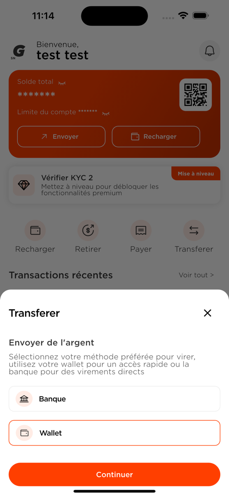 Interface of the Galactique CI app displaying options to transfer money to a bank or a digital wallet