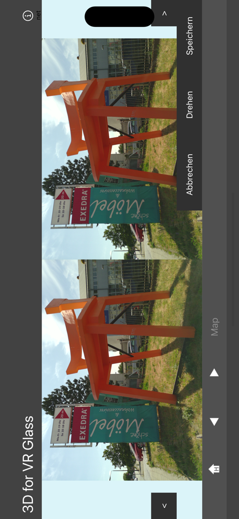 3D for VR Glass - Side-by-side 3D spatial photo of a large orange chair sculpture in the app interface