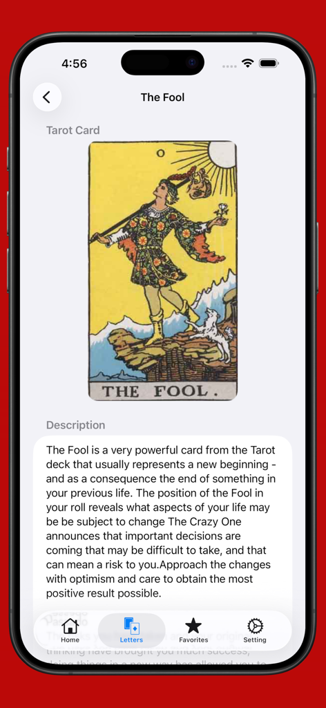 Tarot cards with meaning - A mobile app screen showing the meaning and description of The Fool tarot card.