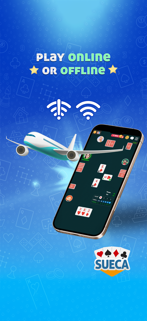Sueca card game mobile app showing online and offline play modes with an airplane graphic