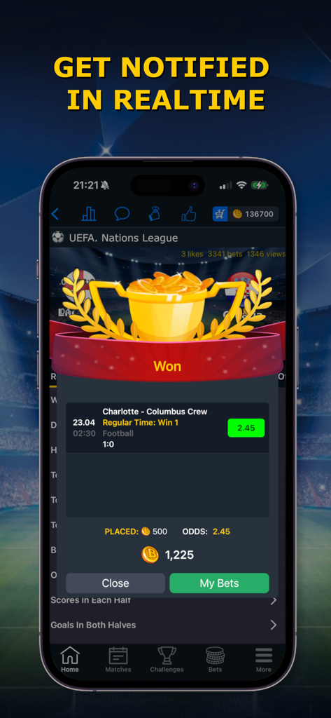Bet Up - Sports Betting Game - Uma tela de celular mostrando uma notificação de aposta vencedora no Bet Up com um troféu dourado e recompensas de moeda virtual