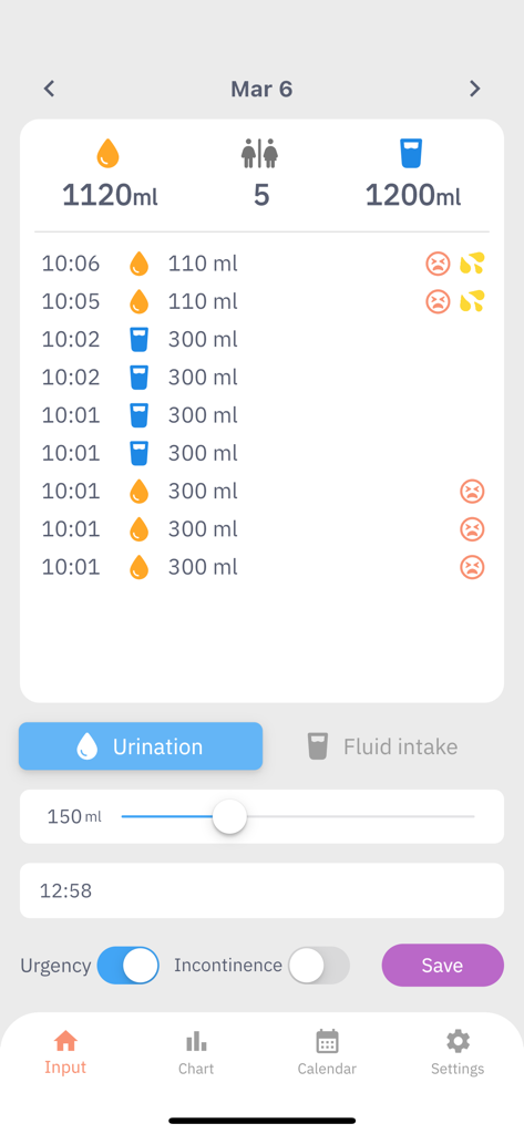 Urine Log - Interfaz de la aplicación móvil Diario de Orina que muestra la pantalla de entrada diaria para rastrear la micción y la ingesta de líquidos con controles de urgencia e incontinencia.