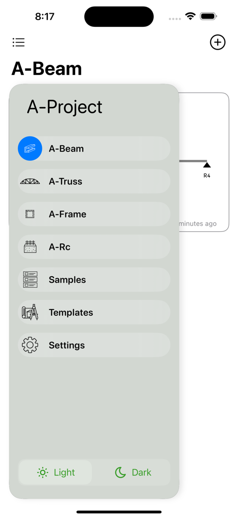Main navigation menu of the A-Projects app showing structural engineering tools for beams, trusses, and frames