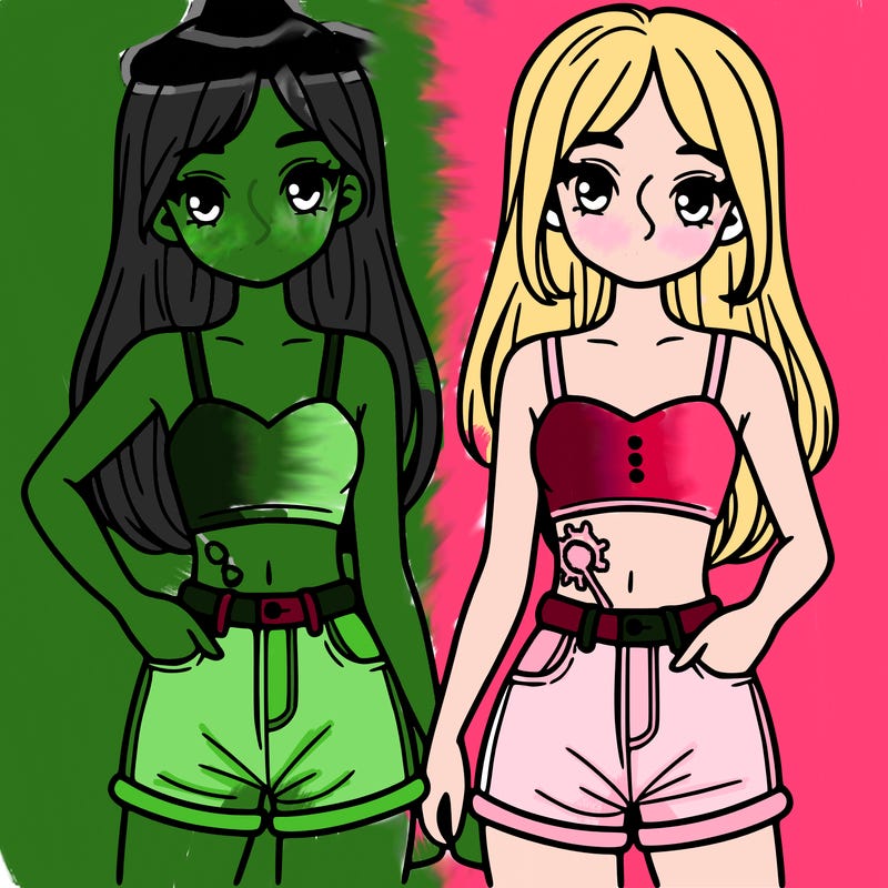 two sisters with crop tops and jean shorts and straight hair