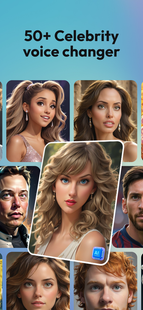 AI Voice Changer & Song Cover - A mobile app screen showing AI generated portraits of celebrities for a voice changer tool with the text 50 plus celebrity voice changer