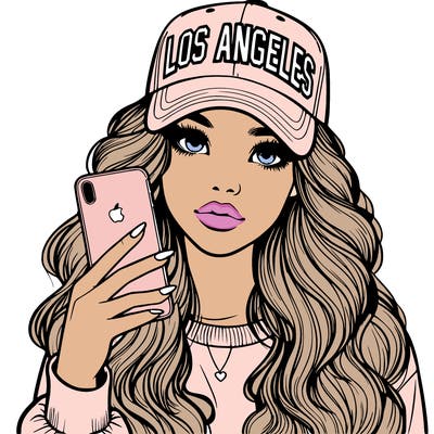 realistic beautiful girl wearing los ángeles cap holding an iphone