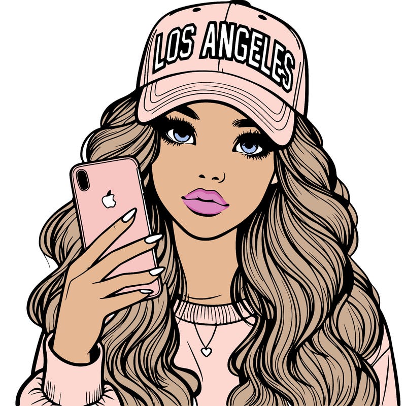 realistic beautiful girl wearing los ángeles cap holding an iphone