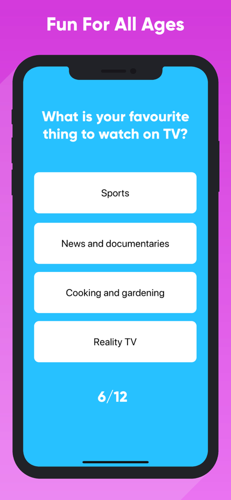 Captura de pantalla de una pregunta del test de personalidad sobre programas de televisión favoritos de la aplicación ¿Qué tipo de gato eres?
