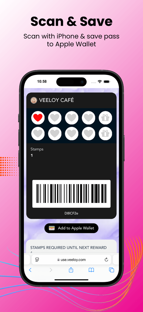Digitale Treuekarten-Oberfläche für ein Café, die Stempel und eine Schaltfläche 'Zum Apple Wallet hinzufügen' anzeigt.