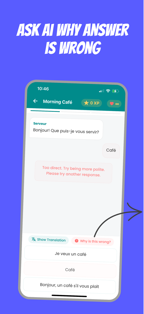 Frenchico - Learn French Fast - A screenshot of the Frenchico app interface showing an AI explanation for why a French answer was considered incorrect during a conversation practice.