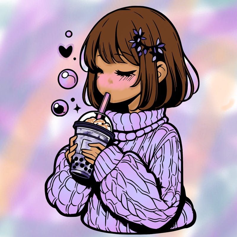 manga girl drinking boba in cozy sweater