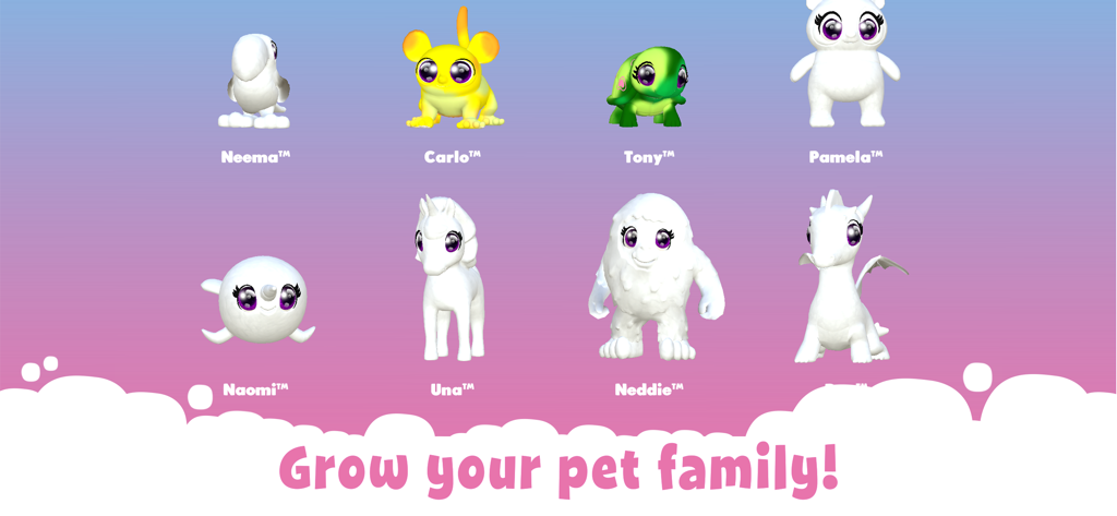 A group of diverse digital pets including a unicorn dragon and turtle with the text grow your pet family