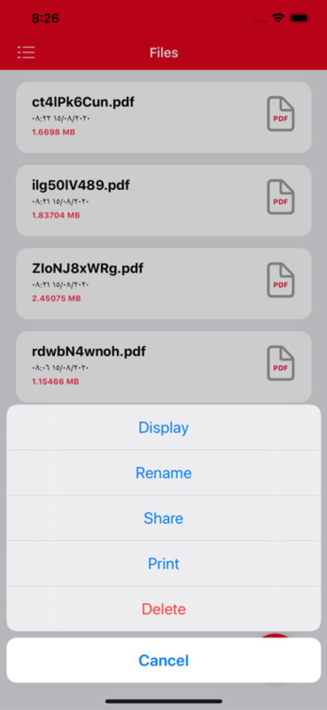 Schermata dell'app mobile che mostra un elenco di file PDF convertiti e un menu di azioni con opzioni per visualizzare, rinominare, condividere e stampare.