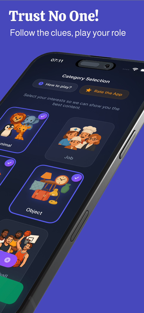 Spy Detect - Category selection menu for the Spy Detect social deduction game featuring animal job and object themes