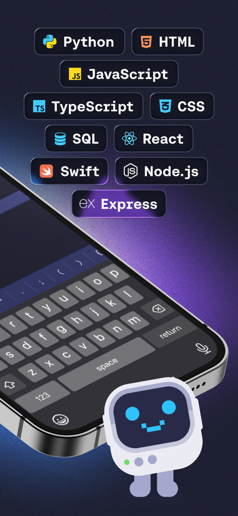 Mimo app interface with icons for Python JavaScript and HTML and a robot assistant