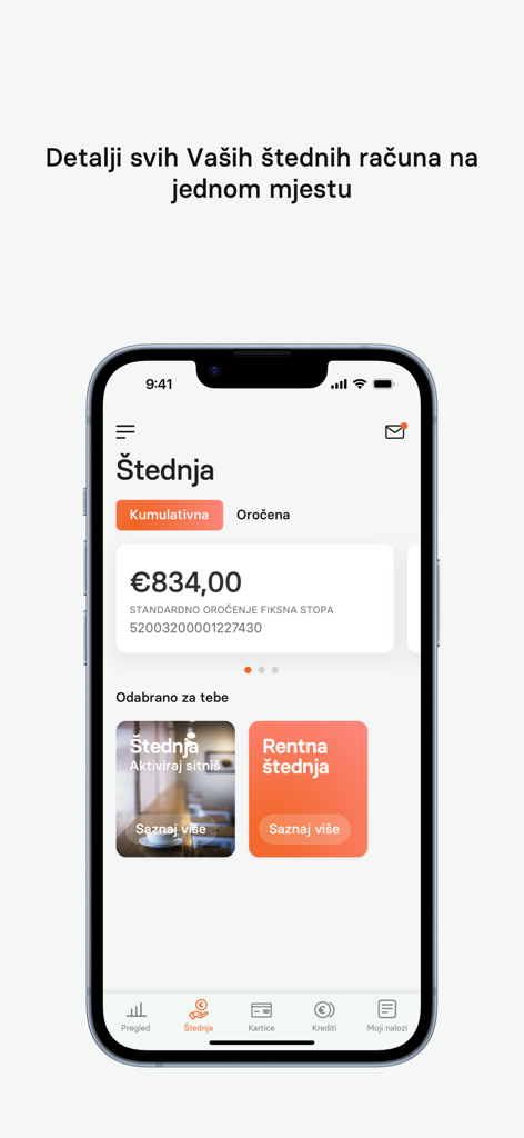 mHB klik - Interface of mHB klik mobile banking app showing savings account details and balance in Euros.