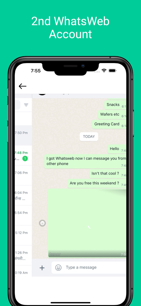 Web Messenger Chat Dual - A chat interface showing messages from a second WhatsApp account on a mobile device