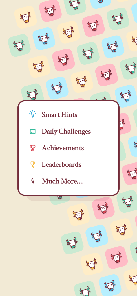 Bullpen: Logic Puzzle Game - Feature list for Bullpen logic puzzle game including smart hints daily challenges achievements and leaderboards