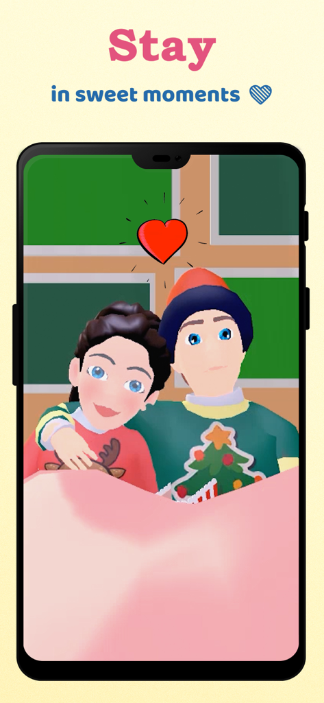 Hold Love: Couple Life - セーターを着た2人の3Dキャラクターが、Hold Love Couple Lifeゲーム内で赤いハートのアイコンと共にベッドで寄り添っている。