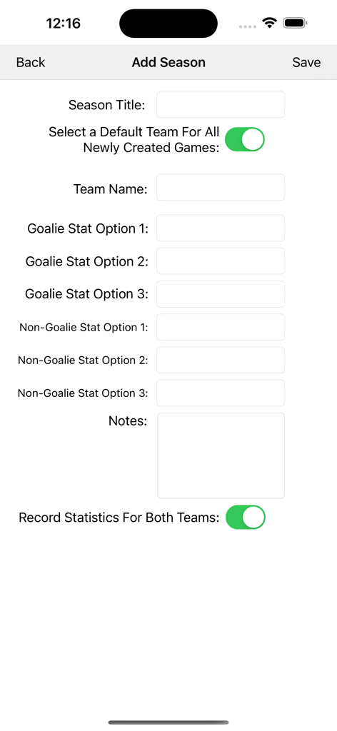Interface for adding a new soccer season with fields for custom player and goalie statistics