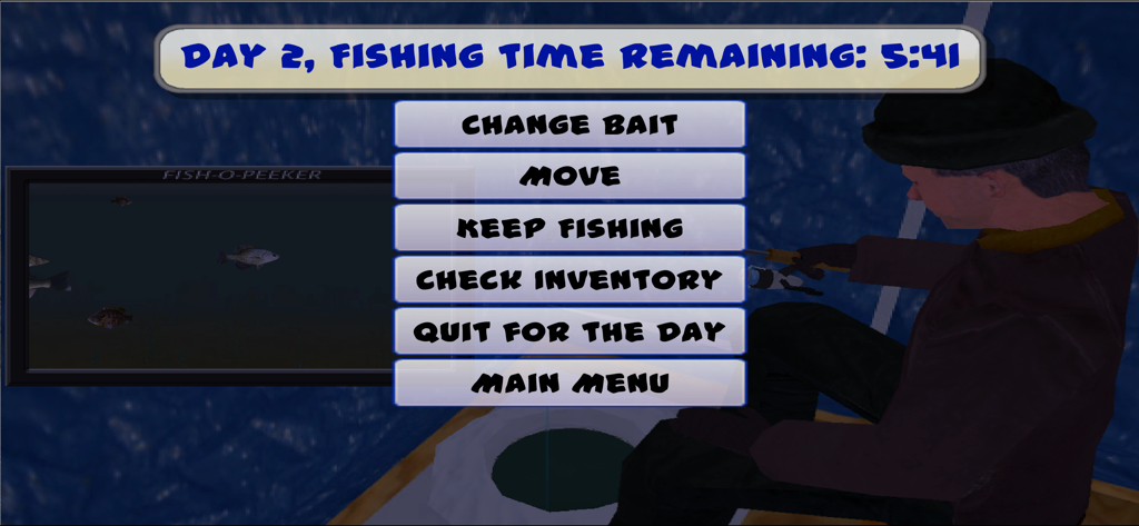 Ice Fishing Derby Premium - 아이스 피싱 더비 프리미엄의 게임 플레이 화면, 중앙 메뉴 및 물고기를 보여주는 수중 카메라 뷰