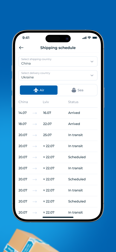 Meest China app screen displaying the shipping schedule and status for air delivery between China and Ukraine