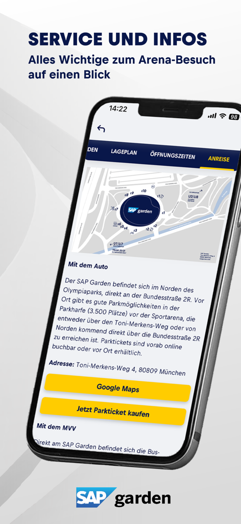 SAP Garden - SAPガーデンアプリに、アリーナマップと駐車場の到着情報が表示されている