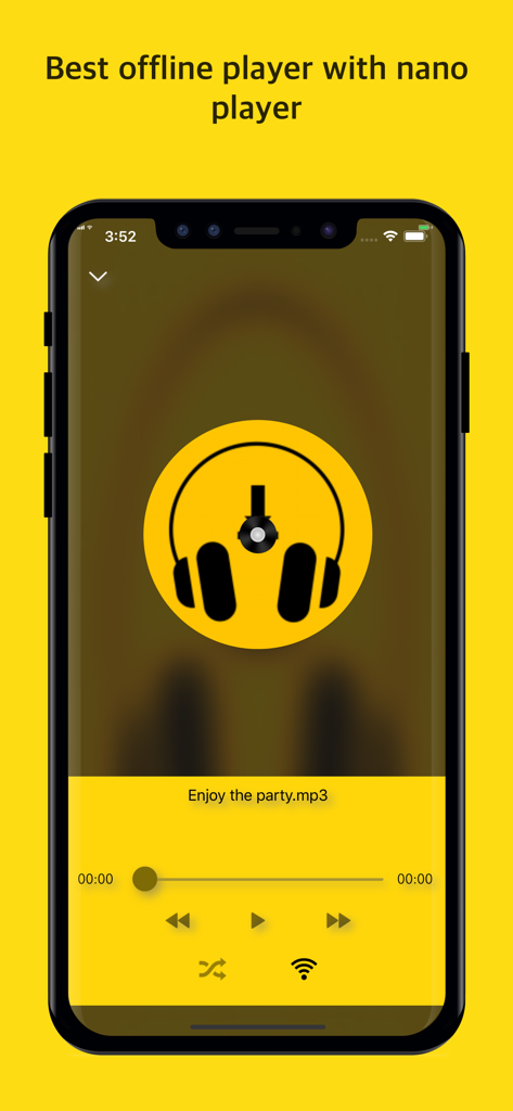 MusicMix - Play music offline - MusicMix app interface showing the offline music player with a bright yellow background and playback controls.