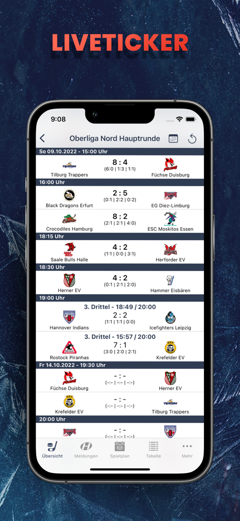 Hockeyweb App Live-Ticker mit Ergebnissen eines deutschen Eishockey-Oberliga-Spiels
