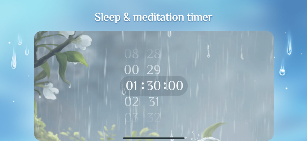 Rainy Sleep Rain Sounds HQ 3D - Rainy app sleep and meditation timer interface showing 1 hour and 30 minutes over a rainy nature scene background