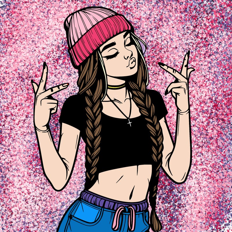 realistic teenage girl with braids and a beanie and crop top doing 🫶🏼