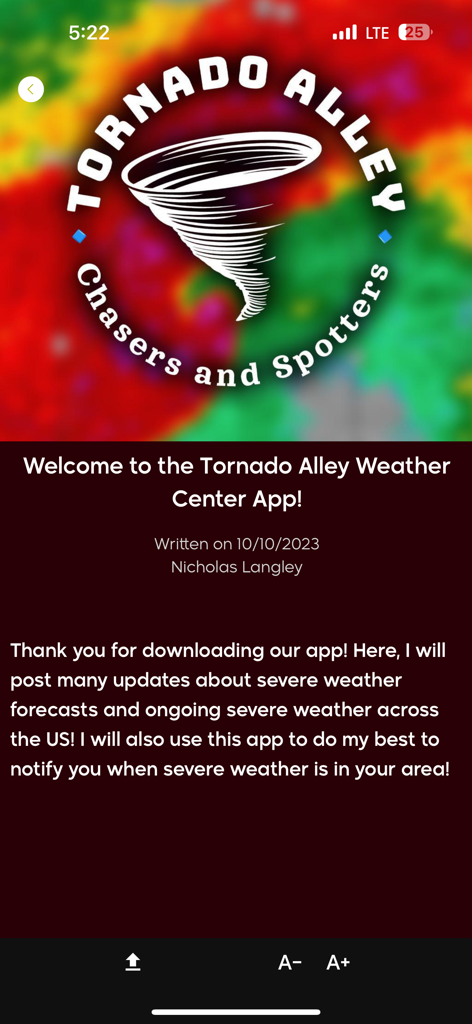 Tornado Alley Weather Center - Pantalla de bienvenida de la aplicación Tornado Alley Weather Center con el logo del tornado y un mensaje del desarrollador