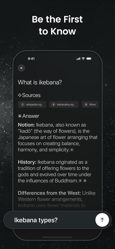 Inscope AI browser showing a detailed search summary for What is ikebana with cited sources.