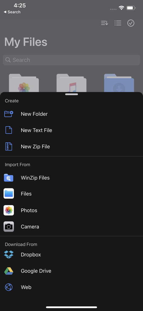 WinZip: #1 zip & unzip tool - Interface de l'application mobile WinZip affichant le menu de création de fichiers et d'importation depuis le cloud.