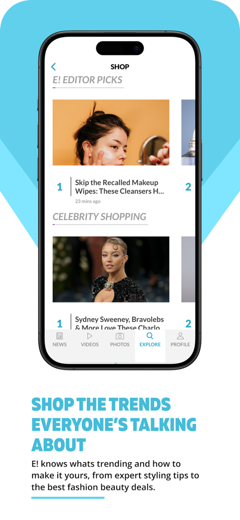 E! Newsアプリのショップインターフェース。セレブリティファッションやエディターのおすすめを表示。