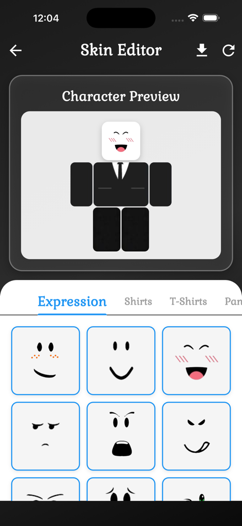 Avatar Skin Master For Roblox - Skin editor screen in the Avatar Skin Master app showing a character preview and various face expression options for a Roblox avatar.